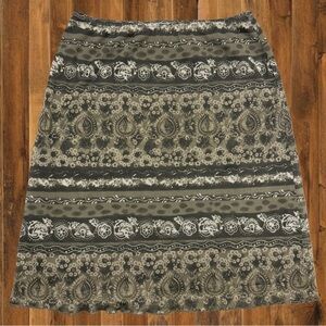 Vintage Olive and Black Floral Midi Skirt